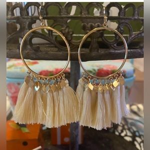 White Tassels and Gold Earrings (Handmade)